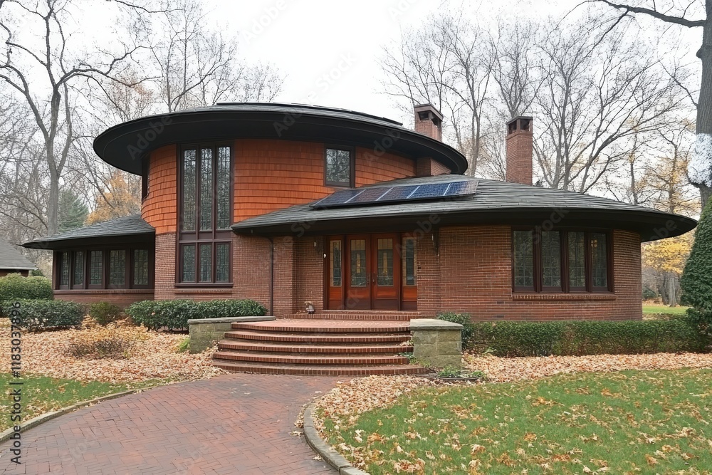 Poster modern architectural home design with curved roof and large windows surrounded by trees and autumn f