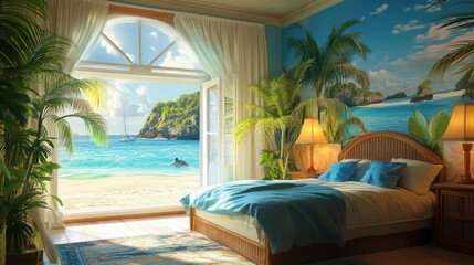 Fototapeta premium Tropical Beach Bedroom: An Oasis of Calm