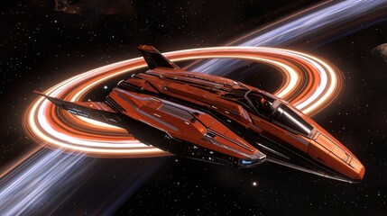 Futuristic spacecraft navigating through stunning cosmic rings with vibrant colors in deep space environment