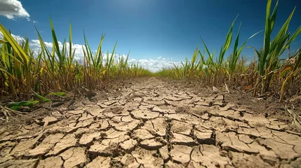 Fleecedeken met foto A cracked, dry earth pathway lined with green crops under a bright blue sky, depicting drought conditions. © Yotwarit