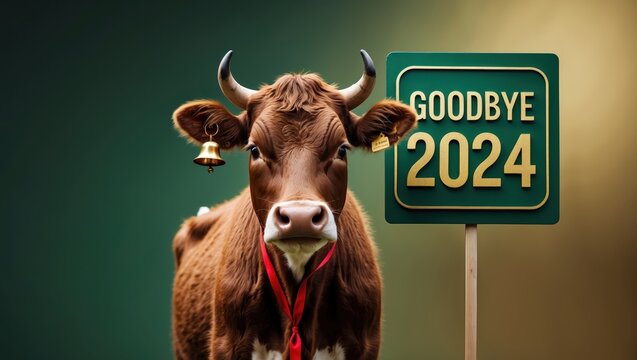 A cow stands next to a sign saying "Goodbye 2024," symbolizing a whimsical farewell to the year.