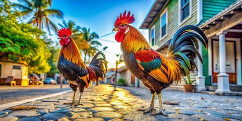 Key West Roosters: Free-Range Chickens Roaming City Sidewalk on Sunny Day