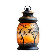 Earthy Tones Painted Glass Lantern with Tree Design Isolated on Transparent Background