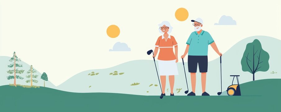 Serene Senior Couple Playing Golf Under Sun, Embracing Active Leisure Together