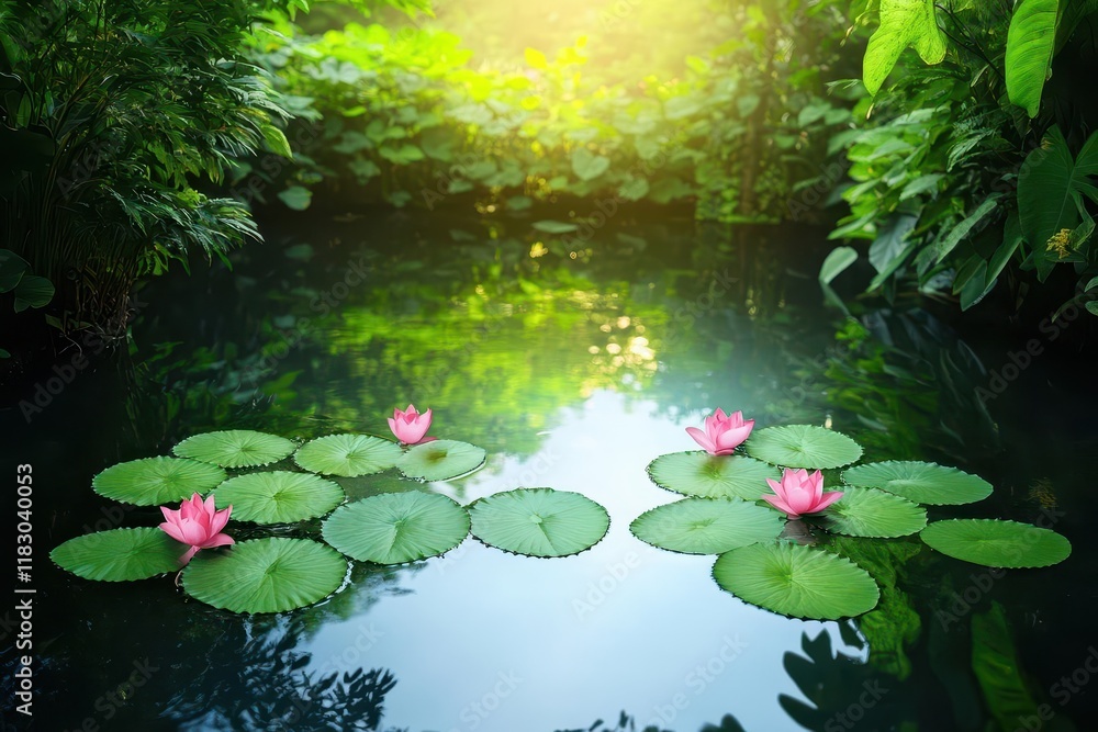 Poster tranquil pond surrounded by lush greenery with elegant water lilies floating gracefully creating a p