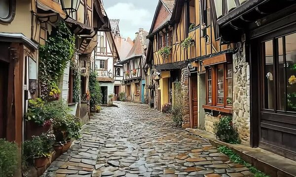 Charming cobblestone street in a historic village showcasing traditional architecture and vibrant greenery, inviting exploration and discovery in every corner with ai generated.