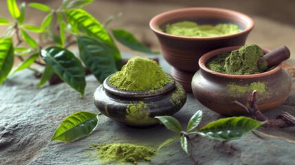 Premium Green Tea Powder and Skincare Ingredients in Traditional Bowls