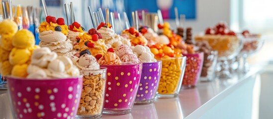 Vibrant and festive candy buffet display featuring a mouthwatering assortment of colorful sweets chocolates gummies lollipops and other delectable confections arranged on a party table