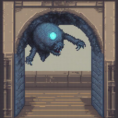 Pixel art monster doorway scene