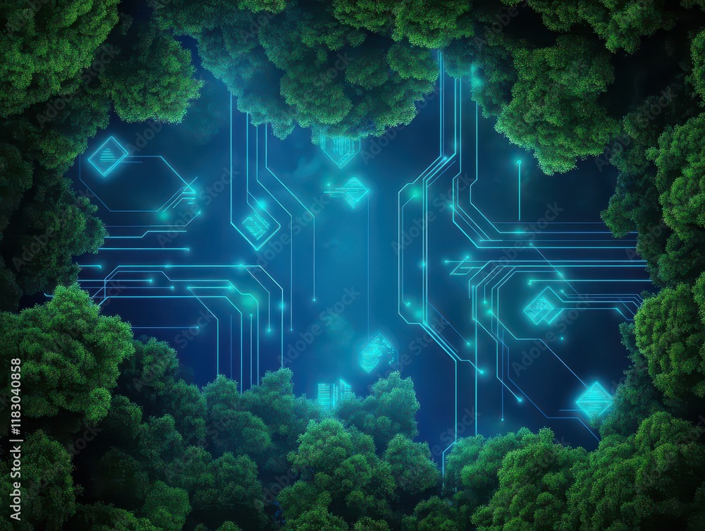 Aufkleber enchanting green forest bathed in ethereal blue light filtering through lush canopy creating a mysti