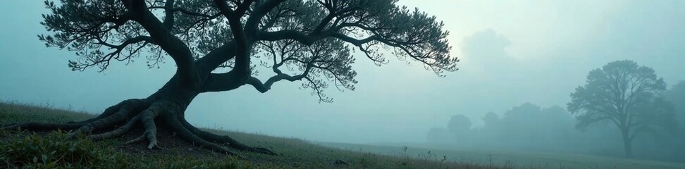 Twisted tree branches stretch towards foggy sky, shadows, atmospheric