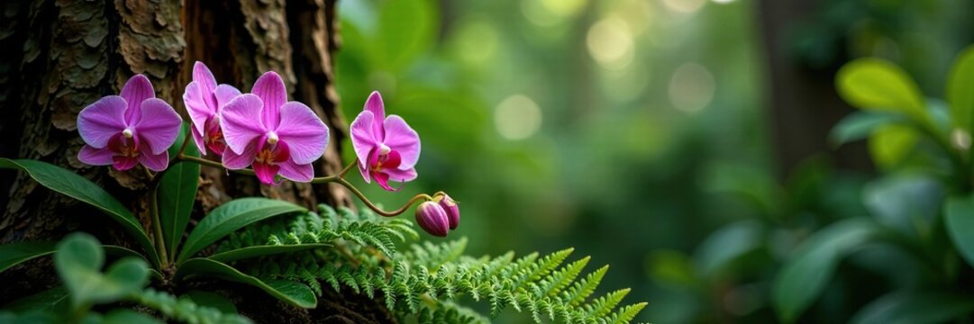 Vanda orchids and ferns nestled among the branches of a tree, greenery, monstera, vanda orchid