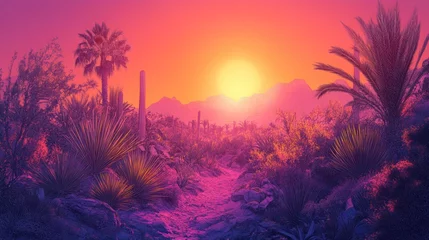 Selbstklebende Fototapeten Vibrant sunset over desert path with cacti and palm trees. © Almahyra