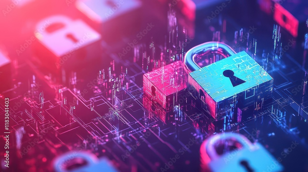 Poster A Secure Padlock on a Circuit Board Symbolizing Protection and Technology in a Modern Digital Environment Highlighting Safety and Innovation Concepts