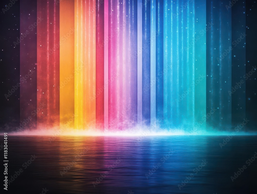 Poster vibrant rainbow background with twinkling stars and gentle water reflections creating a dreamy ether