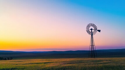 A windmill in an open field at sunset, with a warm glow and blank sky for promotional messages
