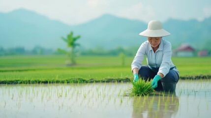 A woman farmer planting rice in a paddy field, reflective water, and a serene atmosphere