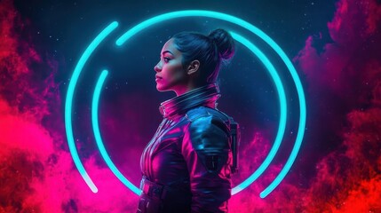 A confident woman in a stylish black leather jacket poses dramatically in front of a vibrant neon circle creating a striking urban atmosphere
