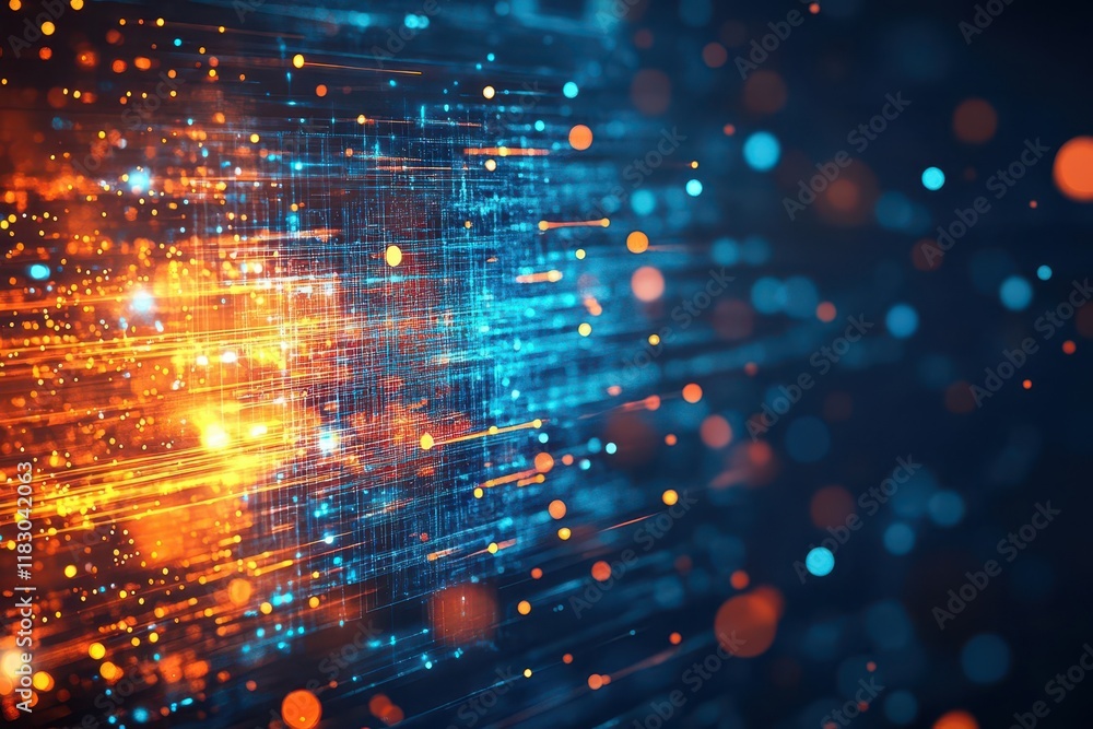 Poster abstract depiction of a firewall blocking malicious data, fiery orange tones colliding with cool blu