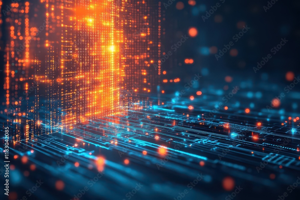 Poster vibrant circuit design in glowing orange and blue colors set against a deep black background evoking