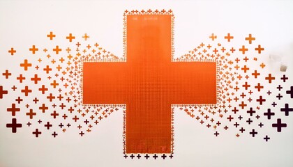 Fototapeta premium Abstract medical cross design. Orange plus signs on white background.