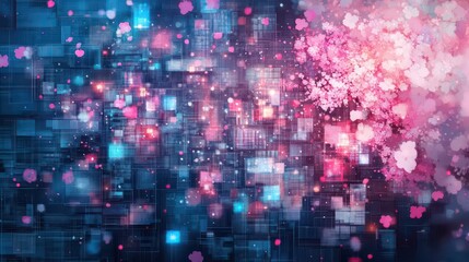 Aerial cityscape blooming with vibrancy, during twilight illumination, viewed from high above, shimmering hues