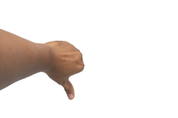 first person perspective of male hand thumbs down gesture isolated on transparent background
