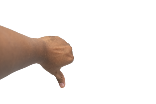 first person perspective of male hand thumbs down gesture isolated on transparent background - Powered by Adobe
