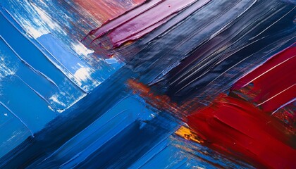 Vibrant abstract painting with bold brushstrokes in blues and reds.