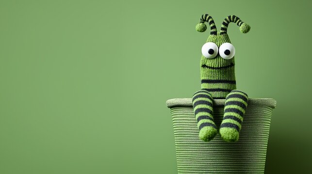 Playful Green Knitted Sock Creature Sitting in Basket Fun Children s Toy Green Background