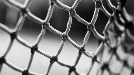 Fototapeta premium Close-up of knotted netting texture, monochrome. Ideal for themes of sports, security, or entrapment.