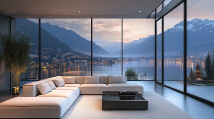 Luxury Lake View Living Room: Breathtaking Sunset Panorama from Modern Home