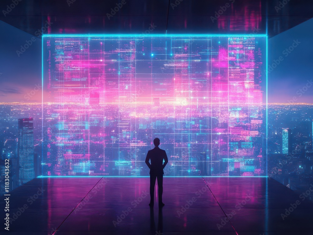 Poster A thoughtful man gazes at a vibrant cityscape displayed on a large screen illuminating his features with a sense of wonder and curiosity in a modern setting