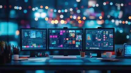 Fototapeta premium Animation production workstation, vibrant screens showing character design, creative energy