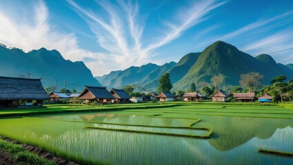 A serene landscape featuring lush green rice fields, traditional houses, and majestic mountains under a clear blue sky with wispy clouds.