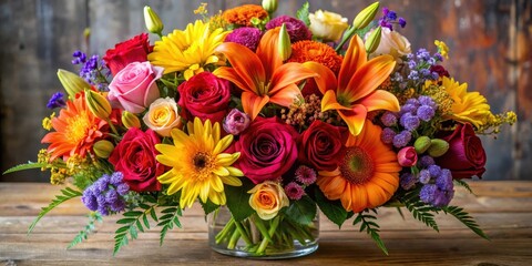 Fototapeta premium Vibrant autumnal bouquet in a clear glass vase, showcasing a delightful mix of roses, lilies, gerbera daisies, and assorted fillers on a rustic wooden table