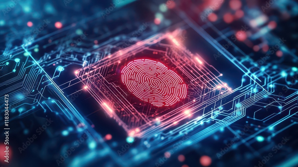 Poster biometric security system with radiant fingerprints, soft glowing circuits enhancing the layers of p