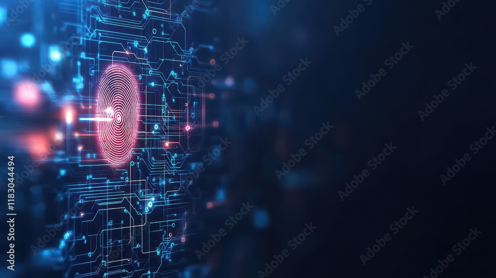Poster Intricate Fingerprint Imprinted on a Circuit Board with Vivid Red Details Symbolizing Identity and Technology in a Modern Digital World Setting