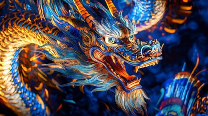 Naklejka premium Vibrant and Fierce Dragon Illustration with Intricate Detail, Colorful Patterns, and Luminous Effects Creating a Mystical and Captivating Atmosphere