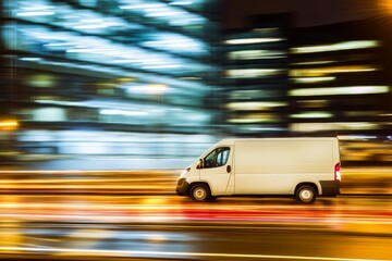 Motion Blur of a Fast Moving Delivery Van on a City Street at Night with Glowing Lights and Abstract Background in a Busy Urban Environment