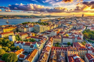 Naklejka premium Lisbon City Aerial Panorama: Detailed Linear Print Map Drone Photography