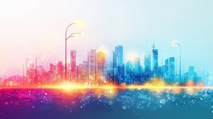 Bright cityscape lit by renewable energy, portrayed in watercolor strokes with glowing streetlights
