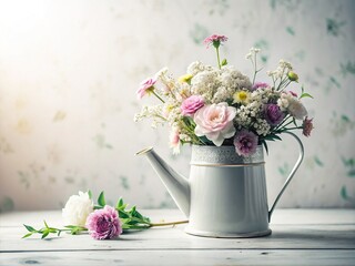 Naklejka premium Minimalist Flower Pattern in Watering Can - White Background Stock Photo