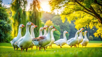 Obraz premium Minimalist Geese on Green Grass, Simple Backyard Scene