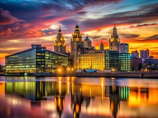 Obraz premium Liverpool Sunset Skyline: One Park West Building at Dusk, Cityscape Photography