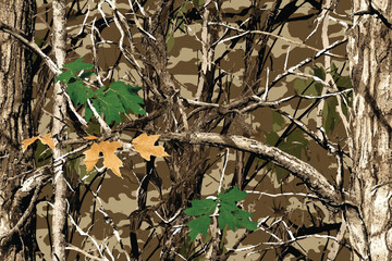 Realistic forest camouflage. Seamless pattern. Jungle tree branches and leaves. Hunting camouflage background.  Useable for hunting and military purposes. Vector camo