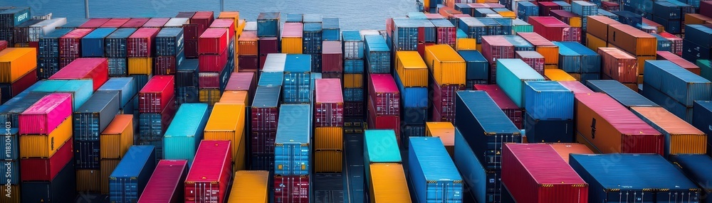 Poster Impressive Large Container Ship Docked in Bustling Harbor Surrounded by Cityscape and Calm Waters Reflecting a Clear Blue Sky and Bright Atmosphere