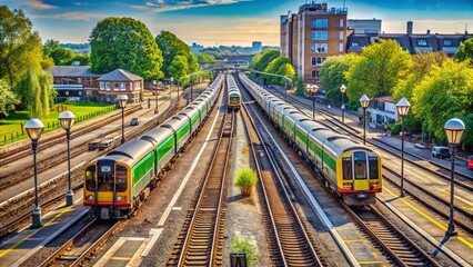 Obraz premium Local Train Departure: Aerial View of Diesel Multiple Units Leaving City Station