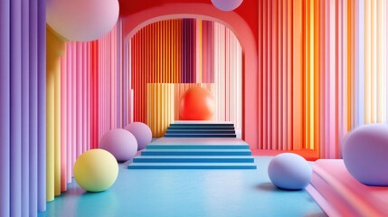 Vibrant Pastel Dreamscape: A Surreal 3D Render of Colorful Architecture and Spheres