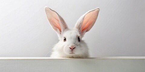 Obraz premium Minimalist Rabbit Peeking Over White Board - Cute Bunny Stock Photo